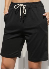 Black Regular Drawastring High Waisted Pocket Shorts