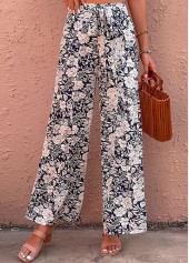 Floral Print Bowknot Navy Elastic Waist Pants