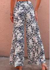 Floral Print Bowknot Navy Elastic Waist Pants