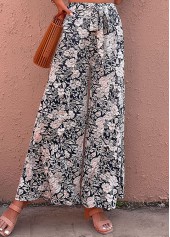 Floral Print Bowknot Navy Elastic Waist Pants