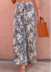 Floral Print Bowknot Navy Elastic Waist Pants