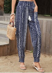 Geometric Print Drawastring Pocket Navy Jogger Pants