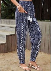 Geometric Print Drawastring Pocket Navy Jogger Pants