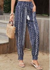 Geometric Print Drawastring Pocket Navy Jogger Pants
