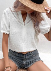 Split Neck Button White Short Sleeve Blouse