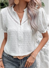 Split Neck Button White Short Sleeve Blouse
