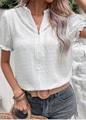 Split Neck Button White Short Sleeve Blouse