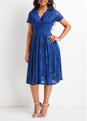 V Neck Lace Navy Short Sleeve Dress