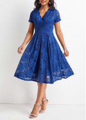 V Neck Lace Navy Short Sleeve Dress