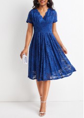 V Neck Lace Navy Short Sleeve Dress