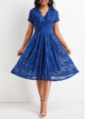 V Neck Lace Navy Short Sleeve Dress