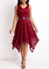 Lace Wine Red V Neck Sleeveless Dress