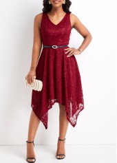 Lace Wine Red V Neck Sleeveless Dress