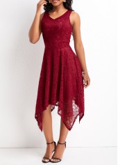 Lace Wine Red V Neck Sleeveless Dress