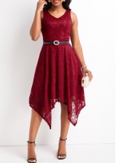 Lace Wine Red V Neck Sleeveless Dress