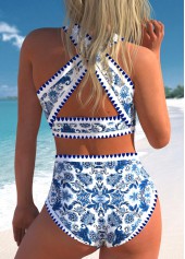 High Waisted Tribal Print Bowknot Blue Bikini Set