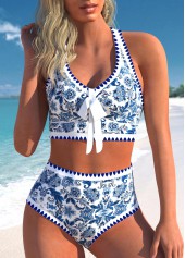 High Waisted Tribal Print Bowknot Blue Bikini Set
