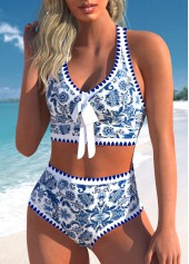 High Waisted Tribal Print Bowknot Blue Bikini Set