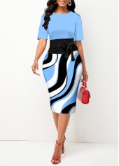 Geometric Print Tie Blue Round Neck Bodycon Dress
