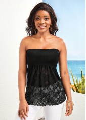 Black Smocked Bandeau Lace Tank Top