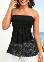 Black Smocked Bandeau Lace Tank Top