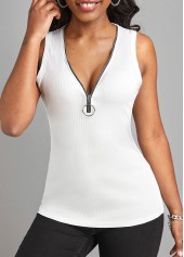 White V Neck Zipper Tank Top