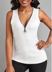 White V Neck Zipper Tank Top