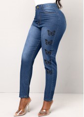 Butterfly Print Pocket Denim Blue Skinny Jeans