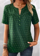 Button Green Short Sleeve Split Neck Blouse