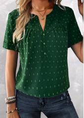 Button Green Short Sleeve Split Neck Blouse