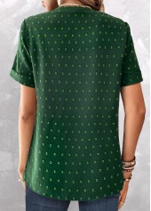 Button Green Short Sleeve Split Neck Blouse