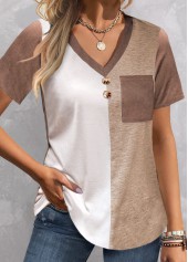 V Neck Pocket Light Camel T Shirt
