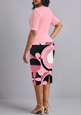 Geometric Print Ruched Pink V Neck Bodycon Dress