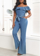 Tie Belted Denim Blue Long Off Shoulder Jumpsuit