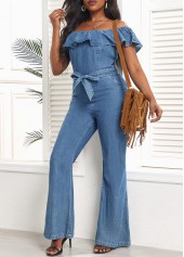 Tie Belted Denim Blue Long Off Shoulder Jumpsuit