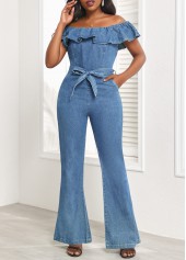 Tie Belted Denim Blue Long Off Shoulder Jumpsuit