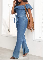Tie Belted Denim Blue Long Off Shoulder Jumpsuit
