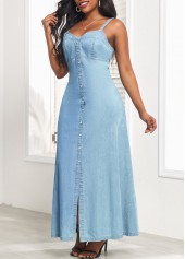 Heart Collar Button Denim Blue Strappy Maxi Dress