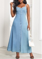 Heart Collar Button Denim Blue Strappy Maxi Dress