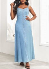 Heart Collar Button Denim Blue Strappy Maxi Dress