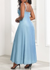 Heart Collar Button Denim Blue Strappy Maxi Dress