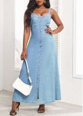 Heart Collar Button Denim Blue Strappy Maxi Dress