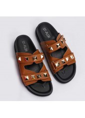 Open Toe Dark Camel Falt Slippers