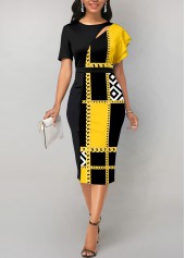 Geometric Print Cut Out Yellow Bodycon Dress