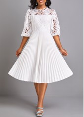 Pleated Belted White Round Neck Dress