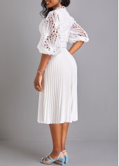 Pleated Belted White Round Neck Dress