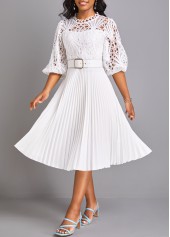 Pleated Belted White Round Neck Dress