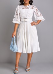 Pleated Belted White Round Neck Dress