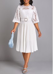 Pleated Belted White Round Neck Dress