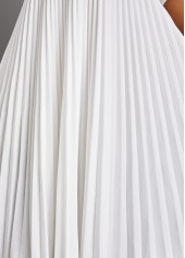Pleated Belted White Round Neck Dress